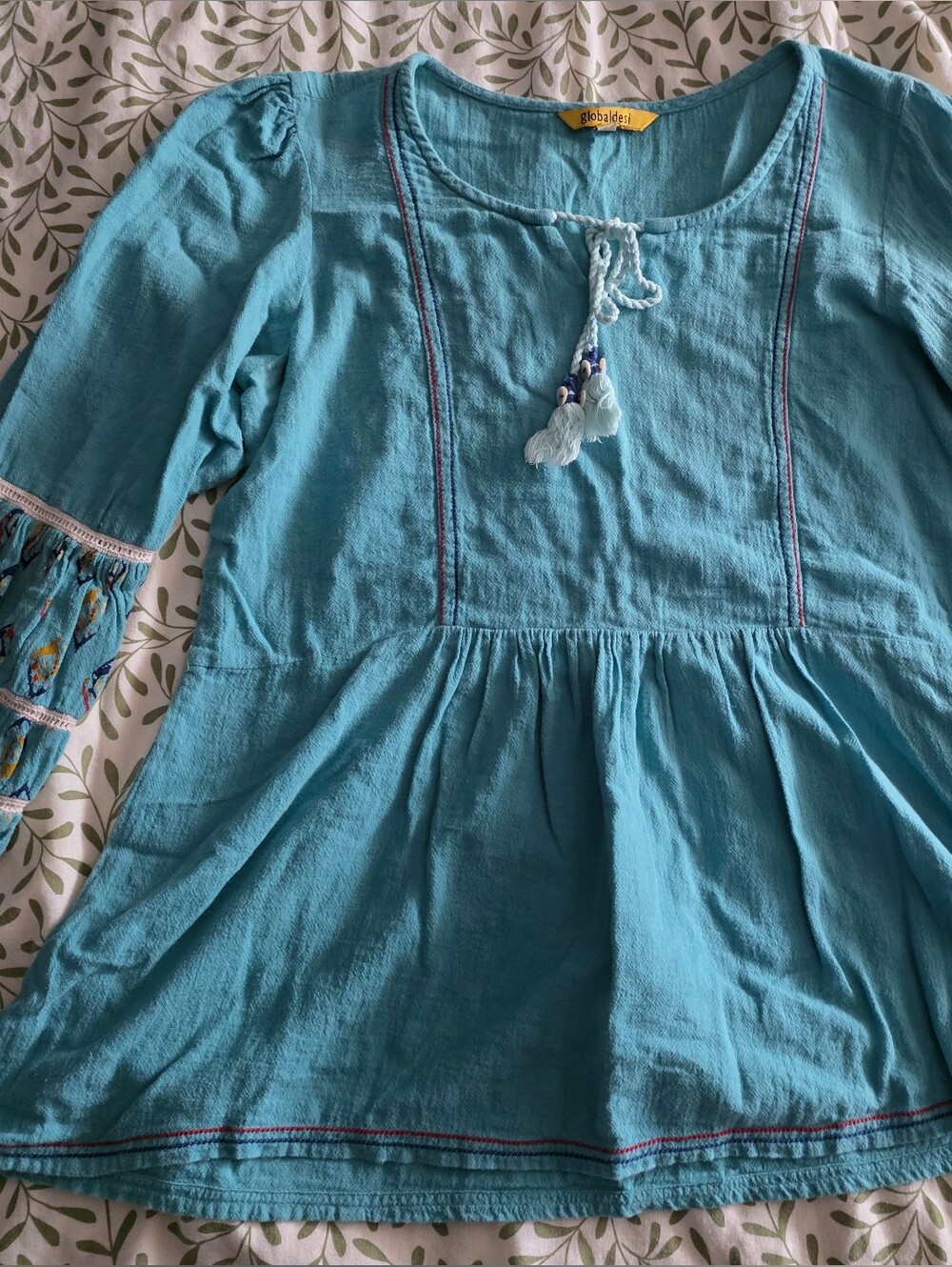 Global Desi Teal Embroidered Bell-Sleeve Peasant Top